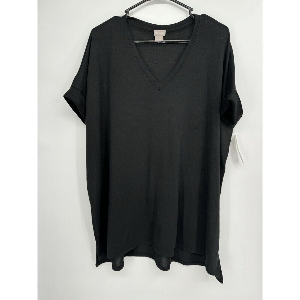 Chico's XS/S Tunic Top Women Black Drop Shoulder V-Neck Knit Short Sleeve Tunic